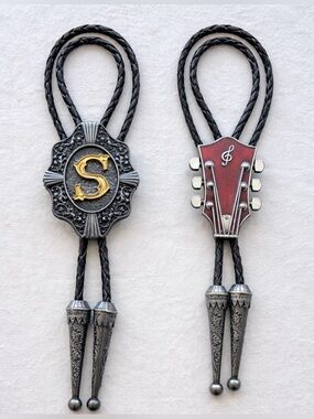 Vintage Western Bolo Tie Guitar Headstock Treble Clef Initial S Silver Tone Tips